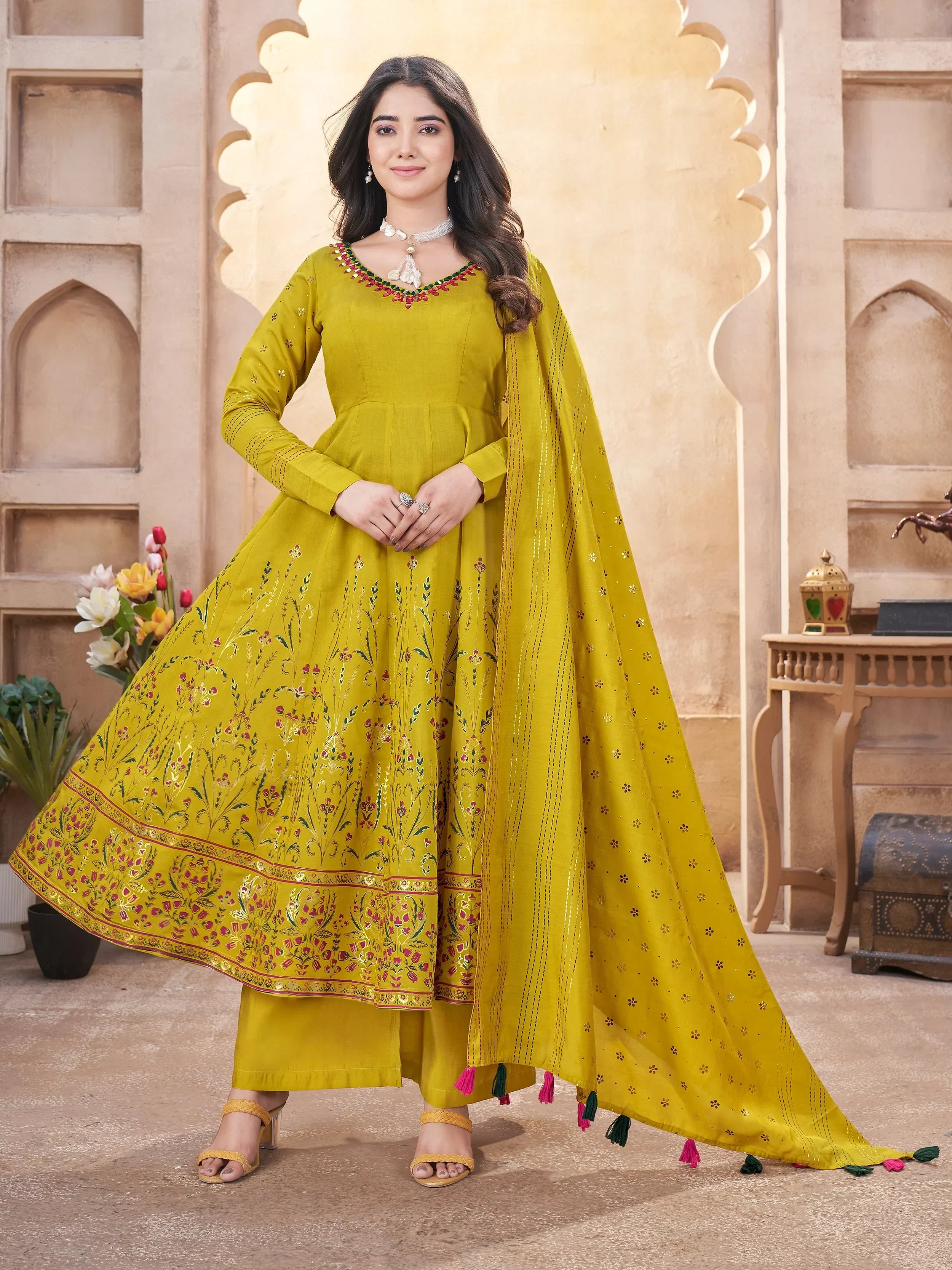 Attractive Mustard Yellow Foil Printed Silk Festival Wear Anarkali Suit