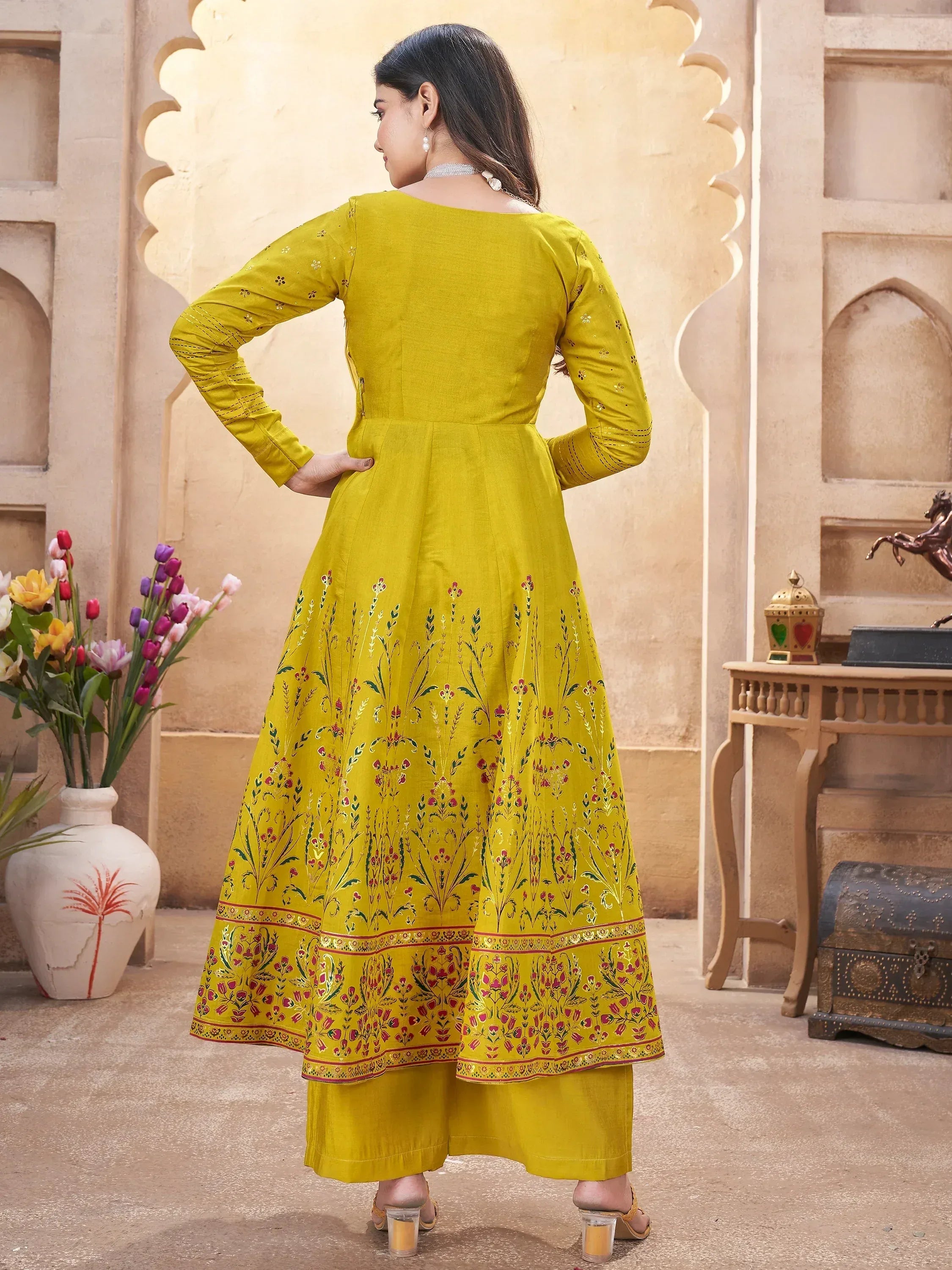 Yellow floral embroidered anarkali suit with palazzo pants, Indian ethnic wear for women