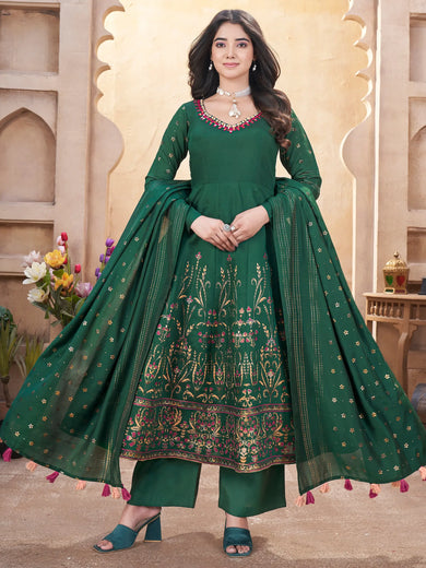 Stunning Green Foil Printed Silk Traditional Anarkali Suit With Dupatta