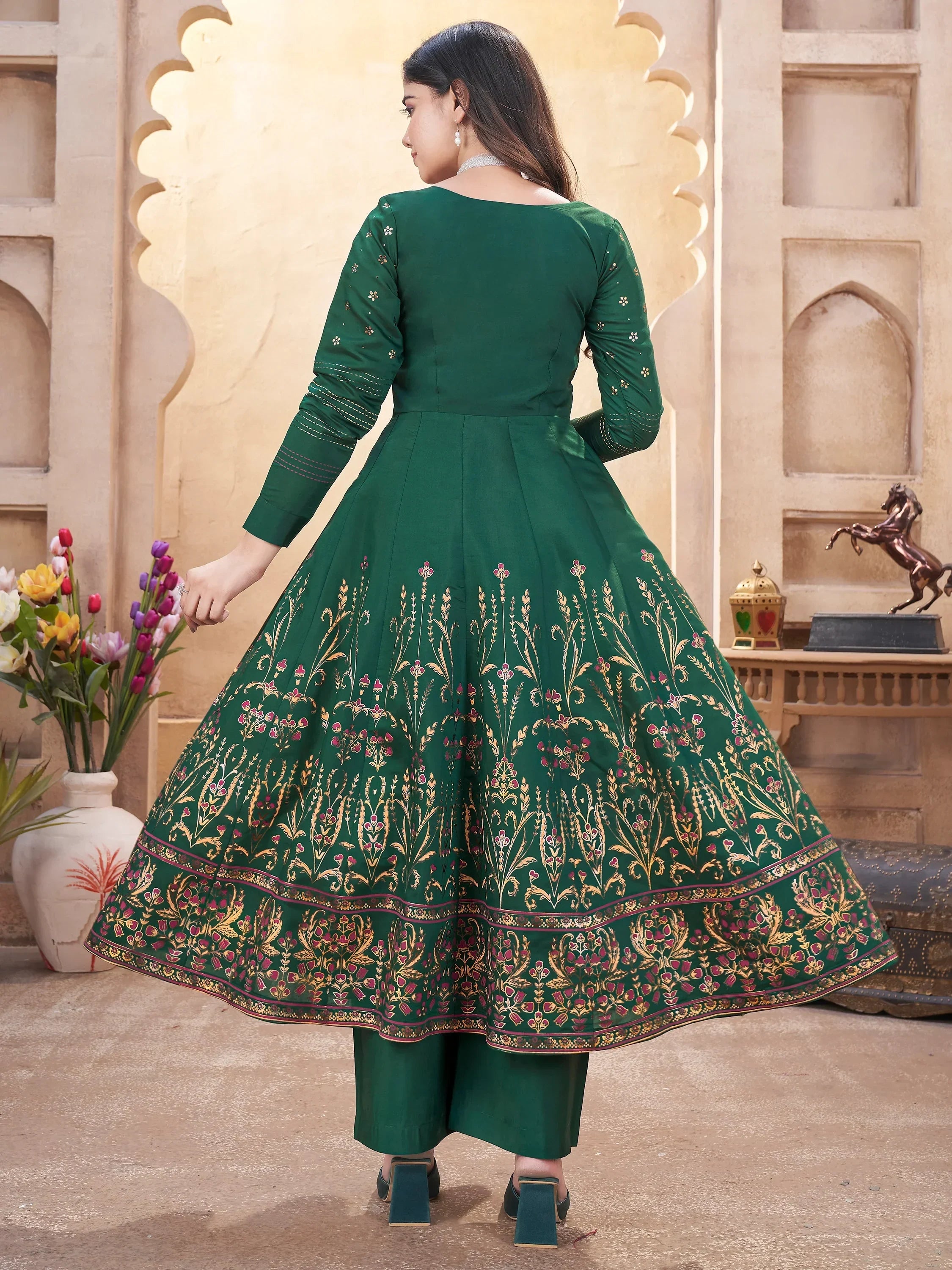 Stunning Green Foil Printed Silk Traditional Anarkali Suit With Dupatta