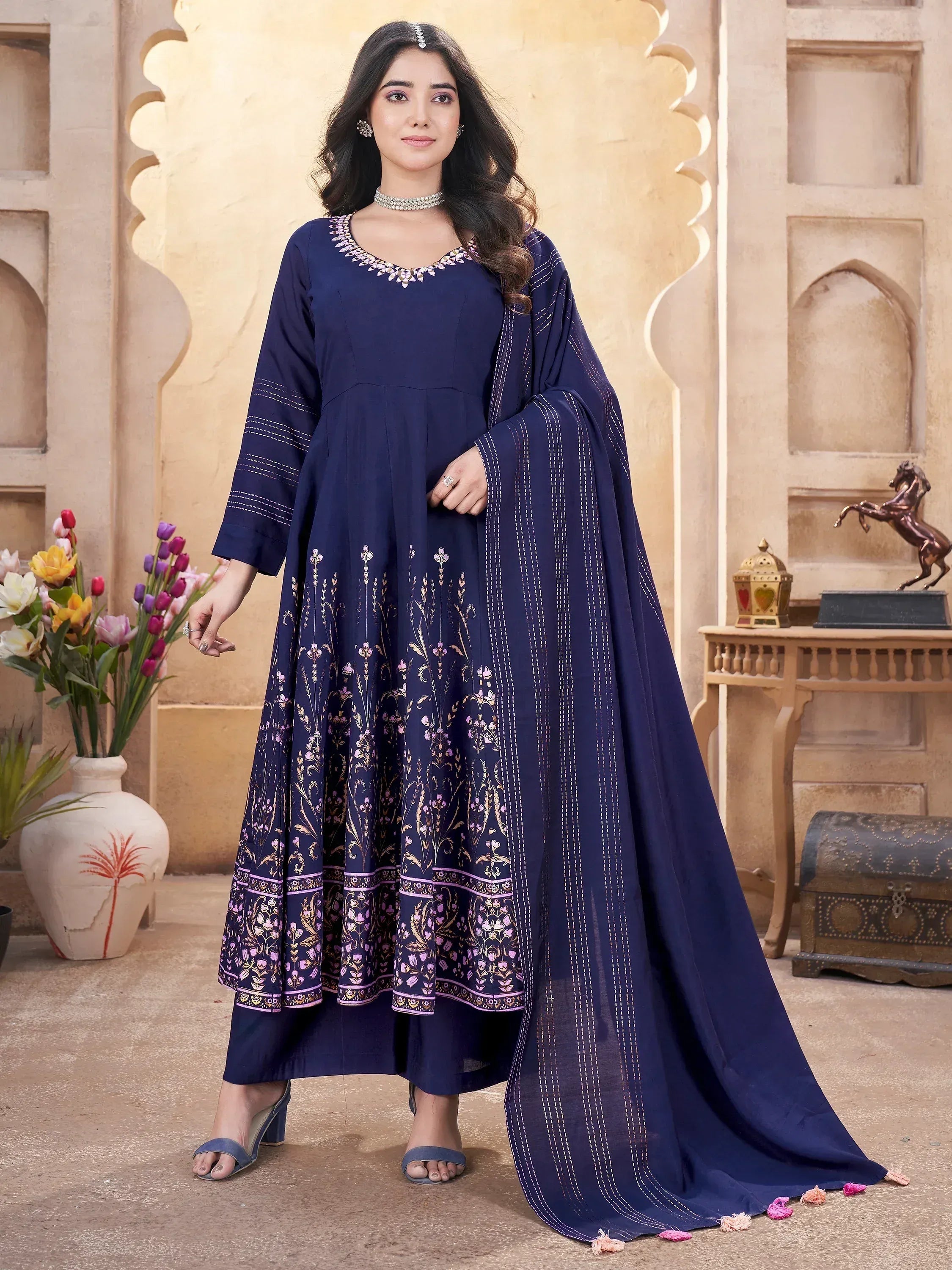 Navy blue embroidered Anarkali suit with floral print and dupatta, Indian ethnic wear for women
