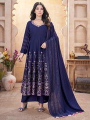 Enchanting Navy Blue Foil Printed Silk Event Wear Anarkali Suit