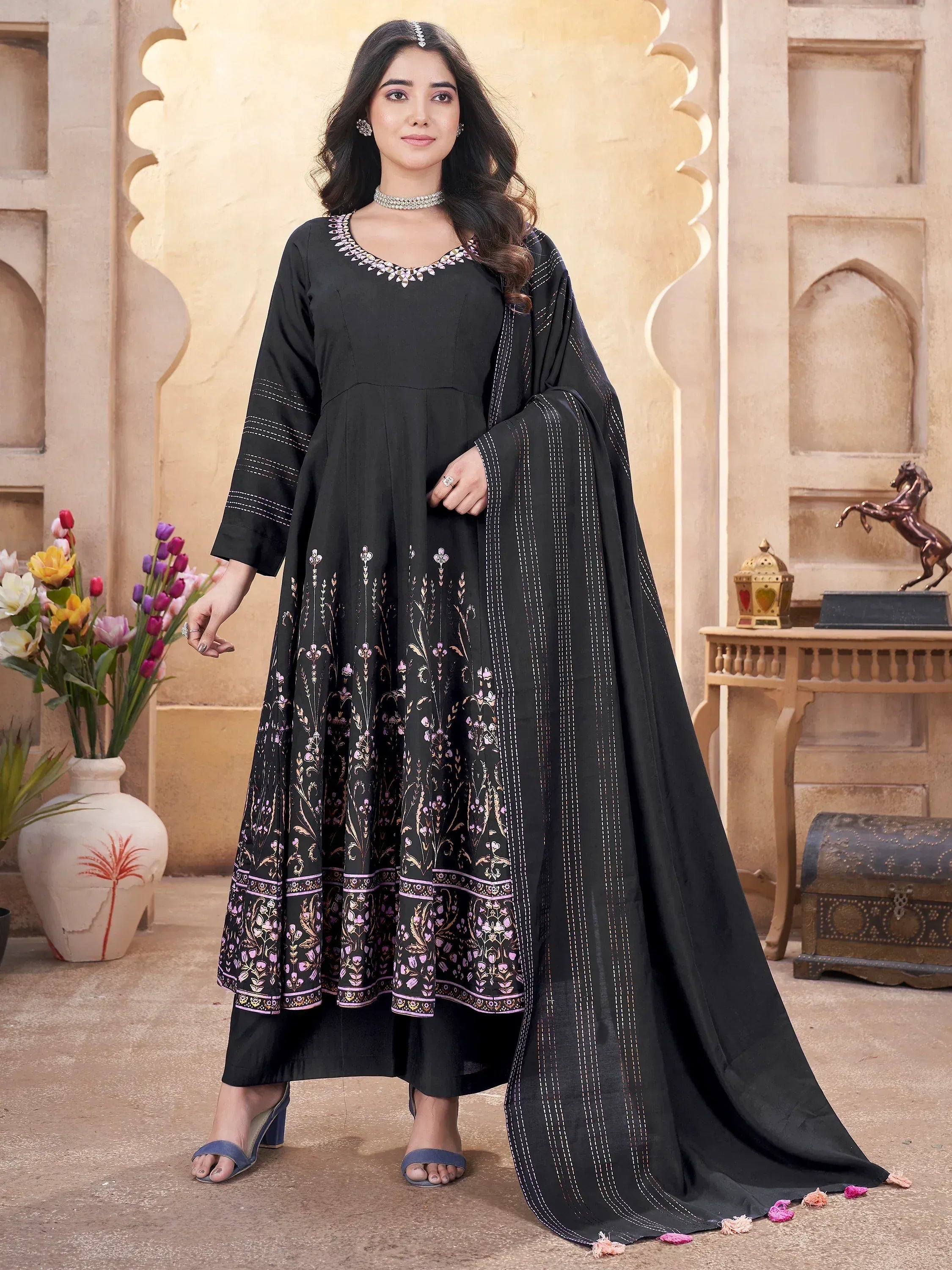 Black floral printed anarkali suit with embroidered neckline and matching dupatta, ethnic Indian wear