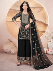 Lovely Black Embroidered Georgette Designer Palazzo Suit With Dupatta