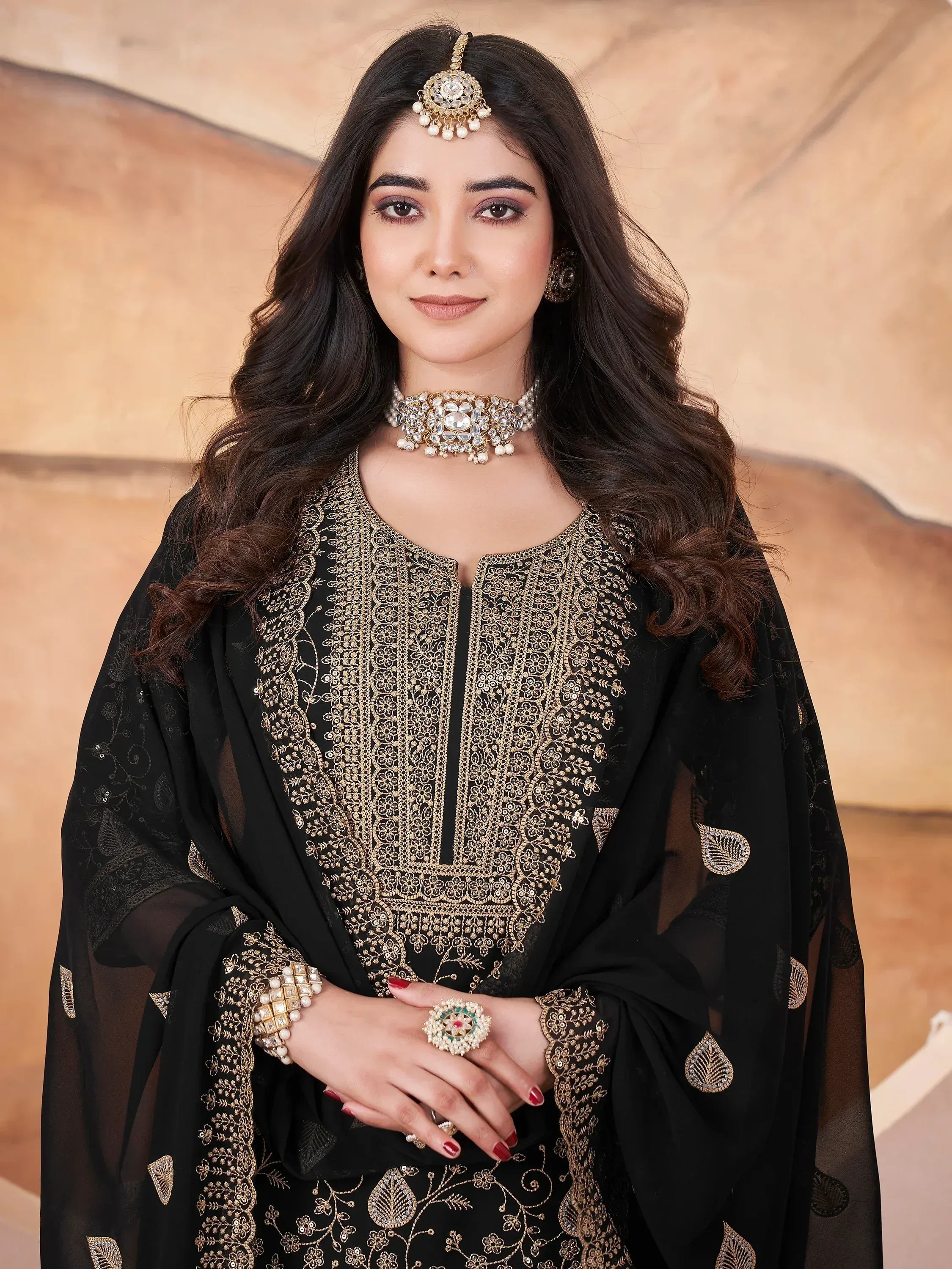 Lovely Black Embroidered Georgette Designer Palazzo Suit With Dupatta
