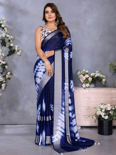 Timeless Navy Blue Shibori Printed Chiffon Office Wear Saree