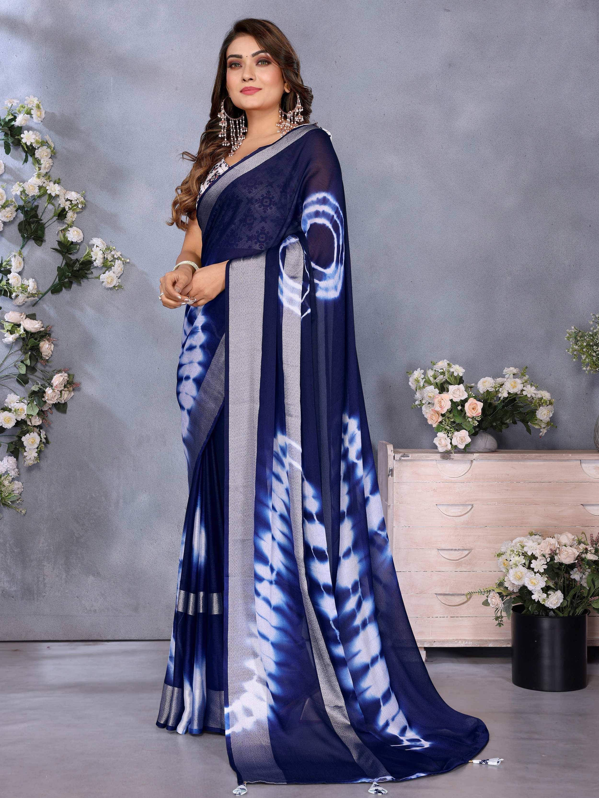 Navy blue tie-dye saree with silver border, Indian ethnic wear for women