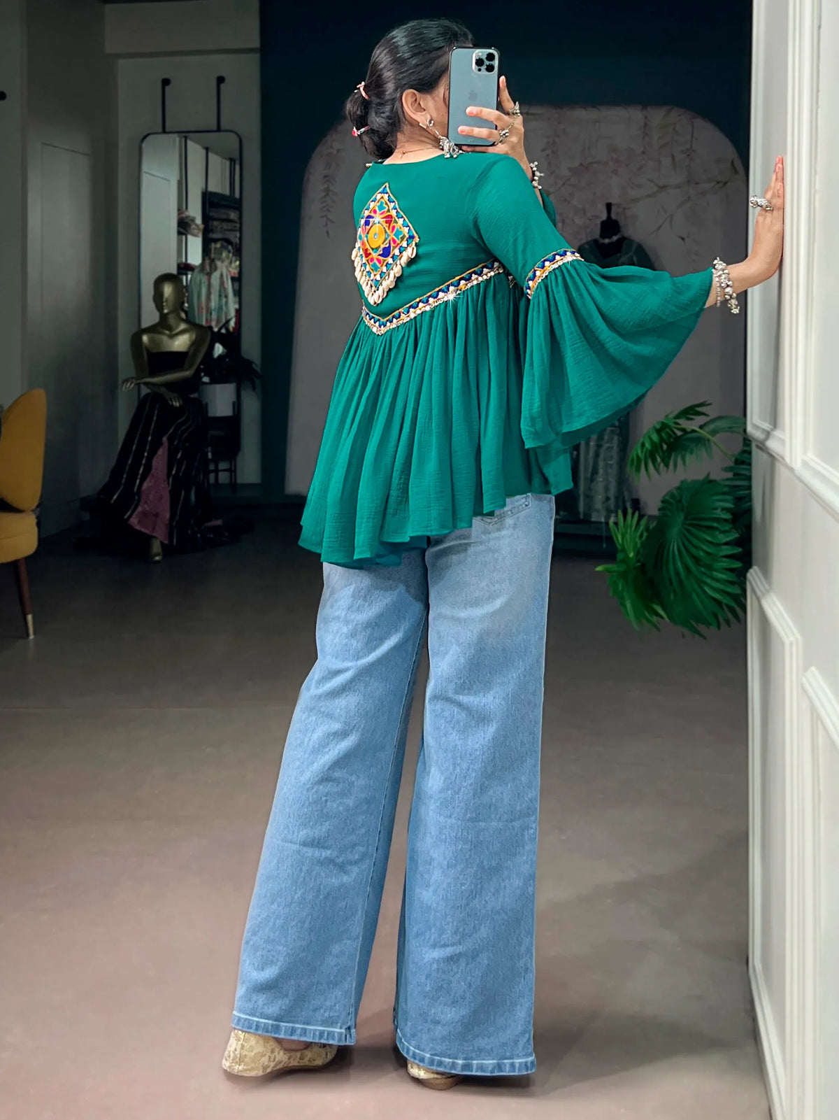 Beautiful Teal Green Kutchi Work Chiffon Navratri Wear Kurti
