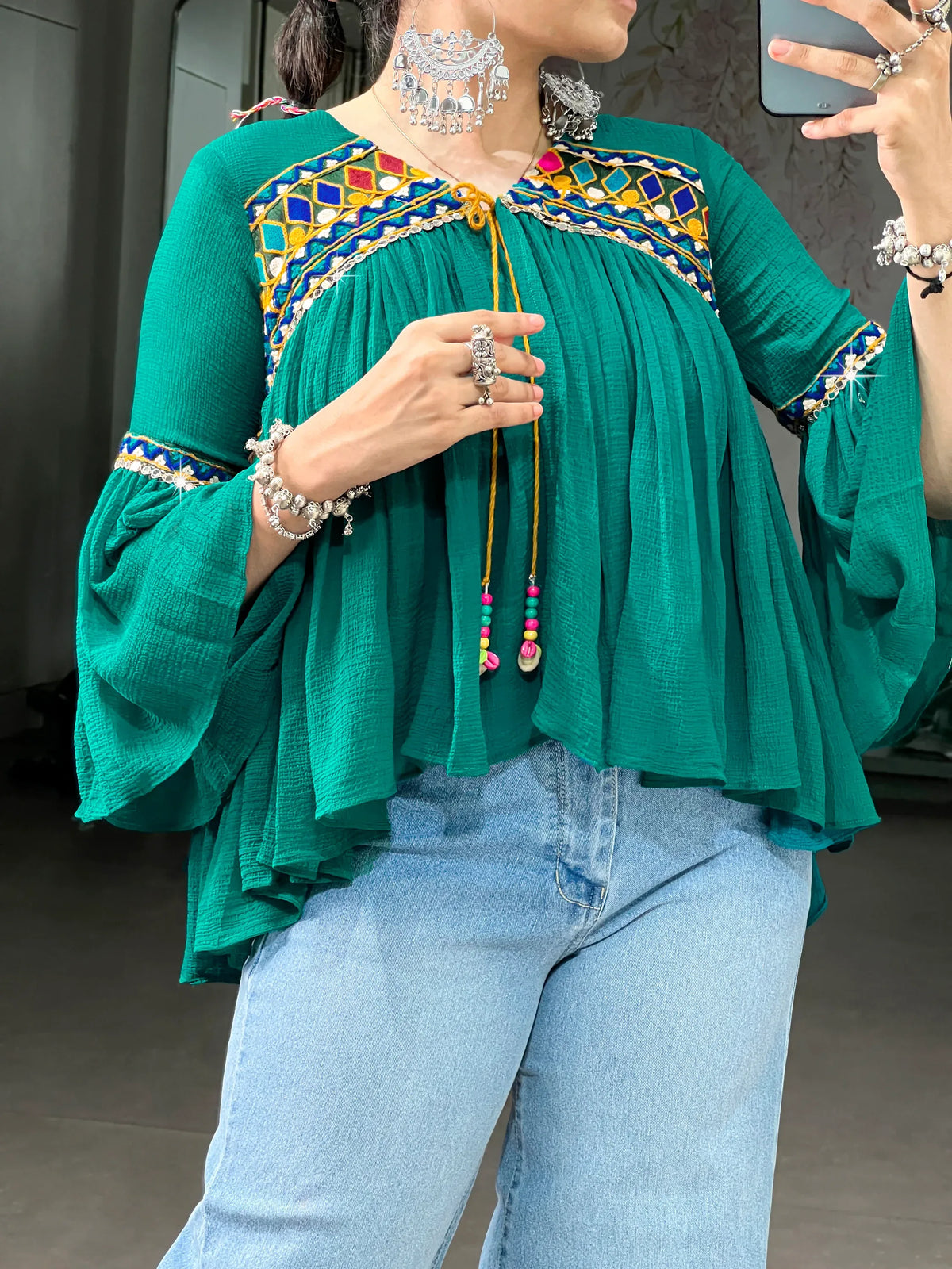 Beautiful Teal Green Kutchi Work Chiffon Navratri Wear Kurti