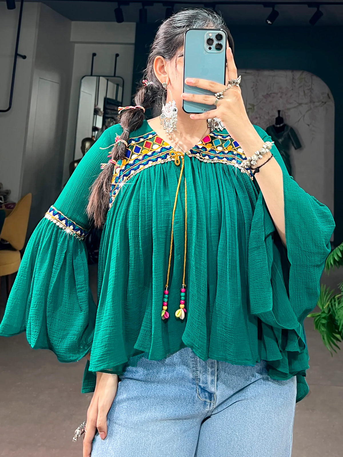 Beautiful Teal Green Kutchi Work Chiffon Navratri Wear Kurti