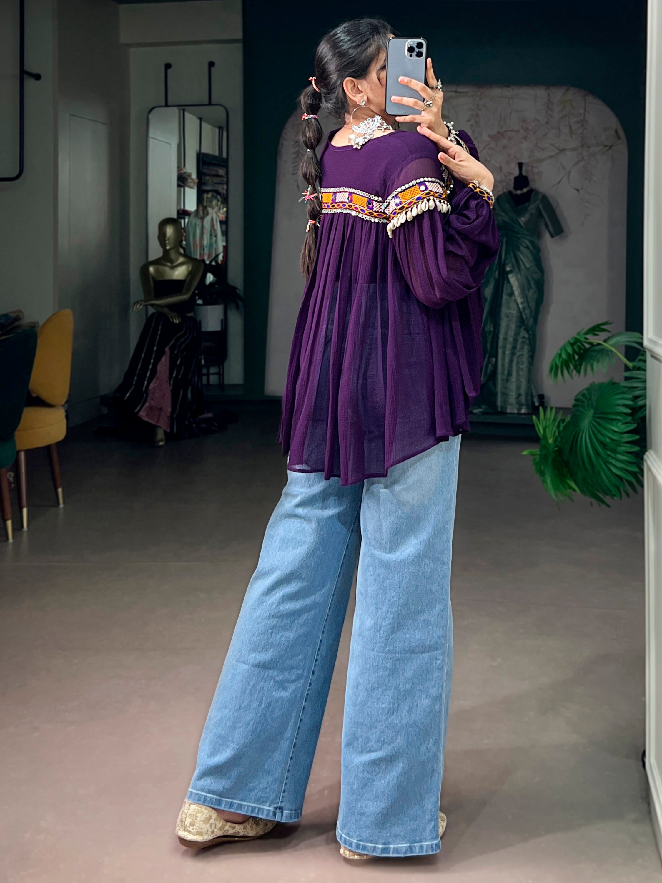 Fabulous Purple Gamthi Work Chiffon Navratri Wear Top
