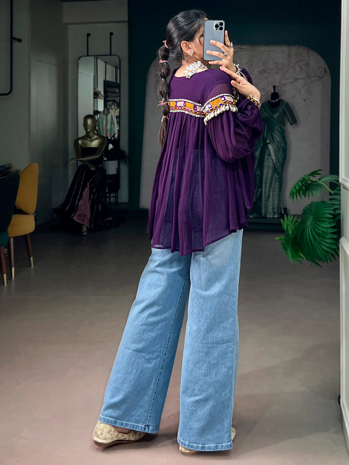 Fabulous Purple Gamthi Work Chiffon Navratri Wear Top