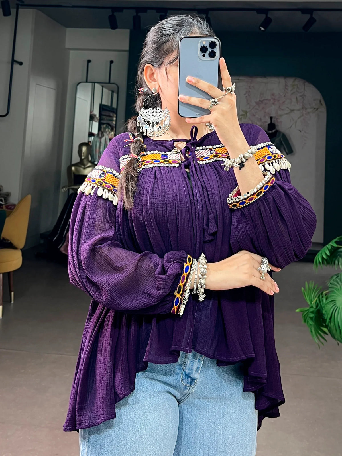 Fabulous Purple Gamthi Work Chiffon Navratri Wear Top