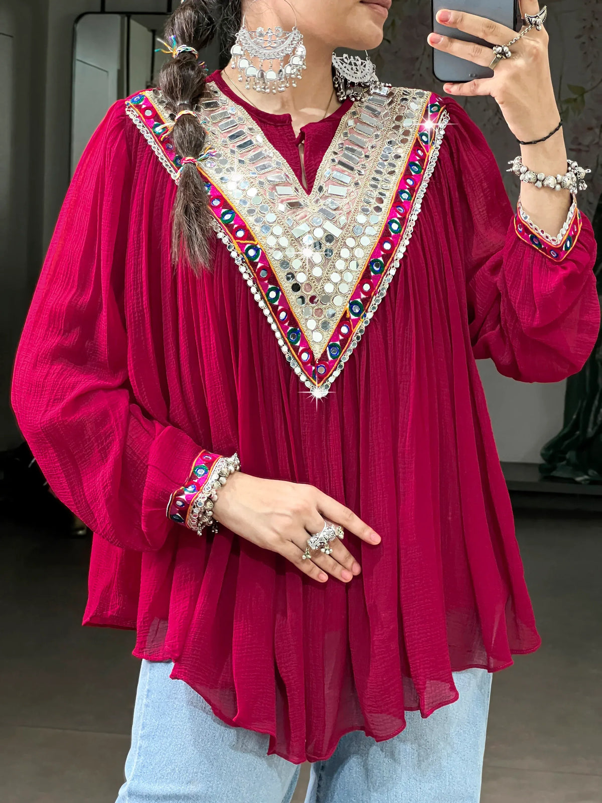 Amazing Rani Pink Mirror Work Chiffon Navratri Wear Top