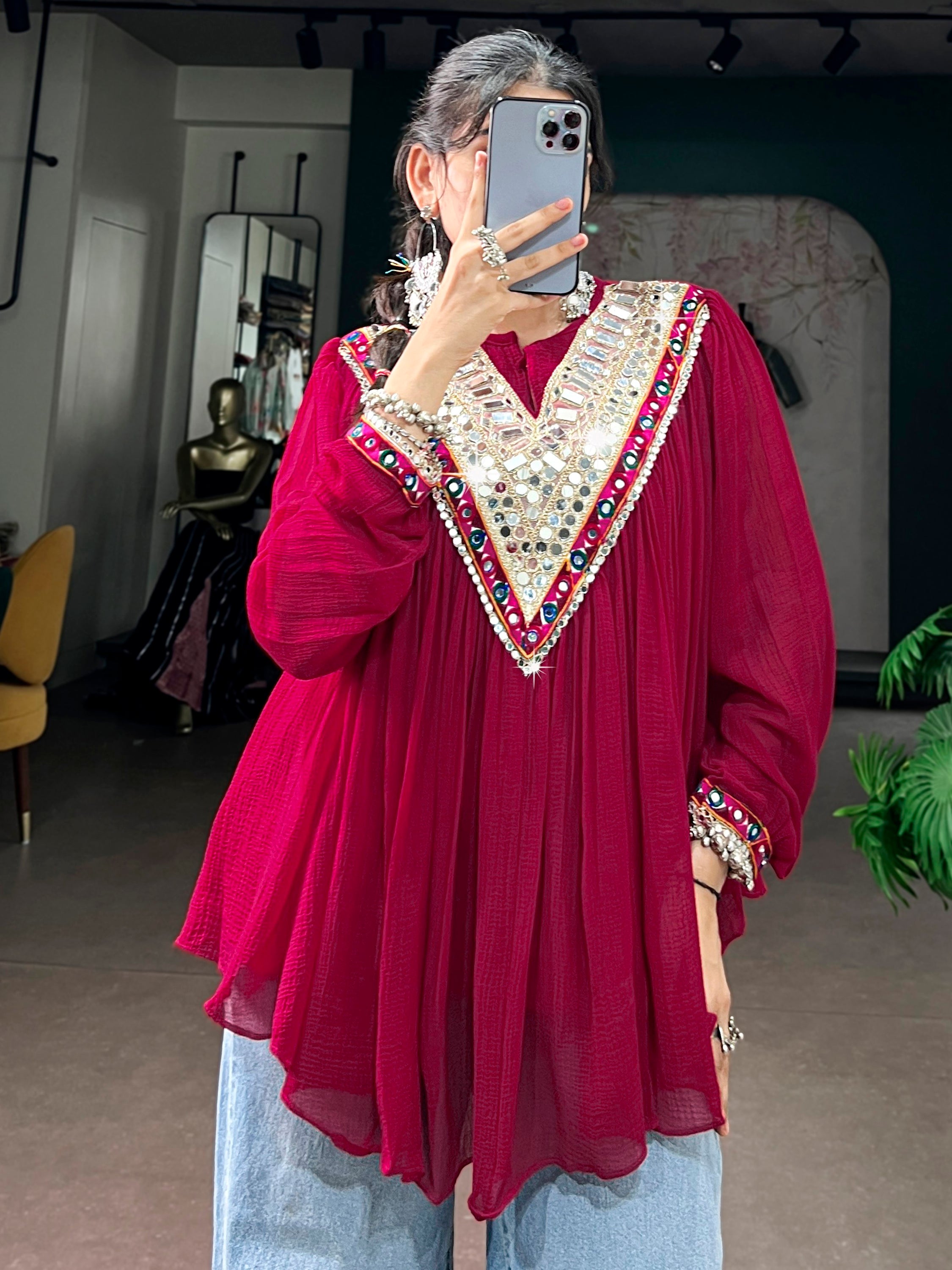 Amazing Rani Pink Mirror Work Chiffon Navratri Wear Top