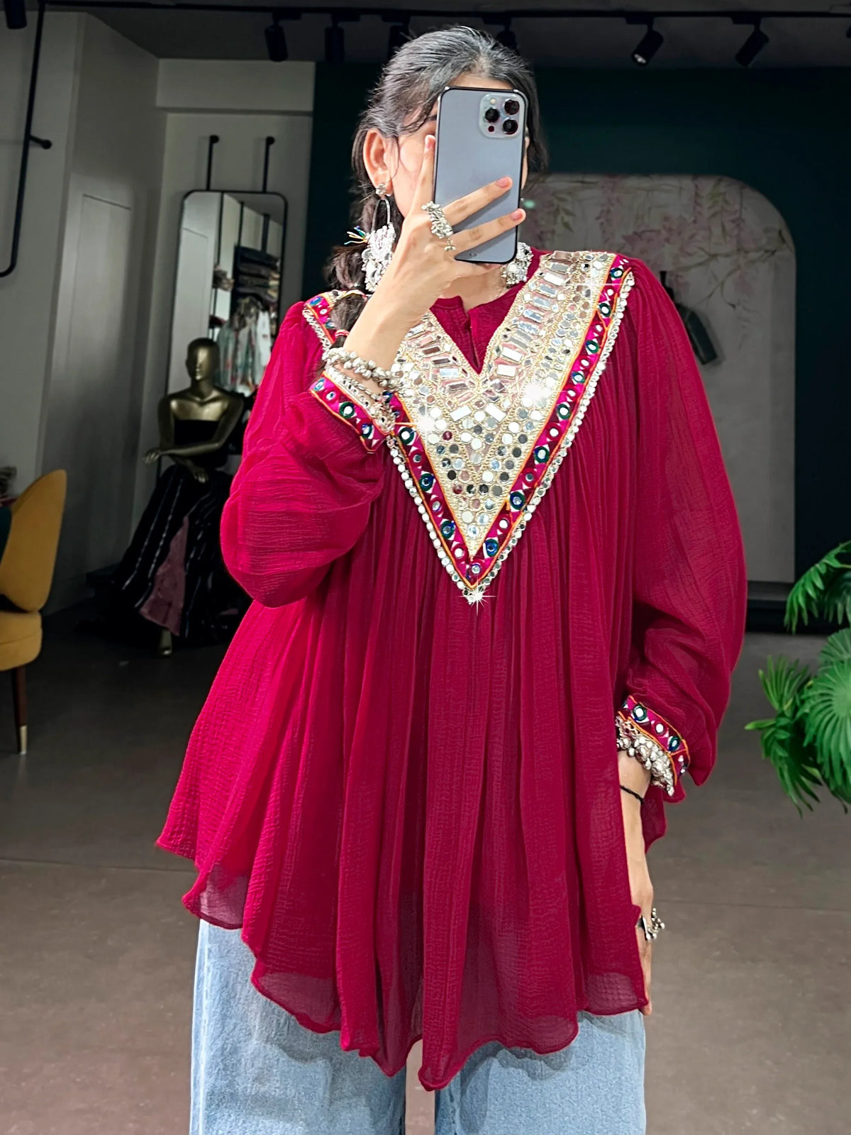 Amazing Rani Pink Mirror Work Chiffon Navratri Wear Top