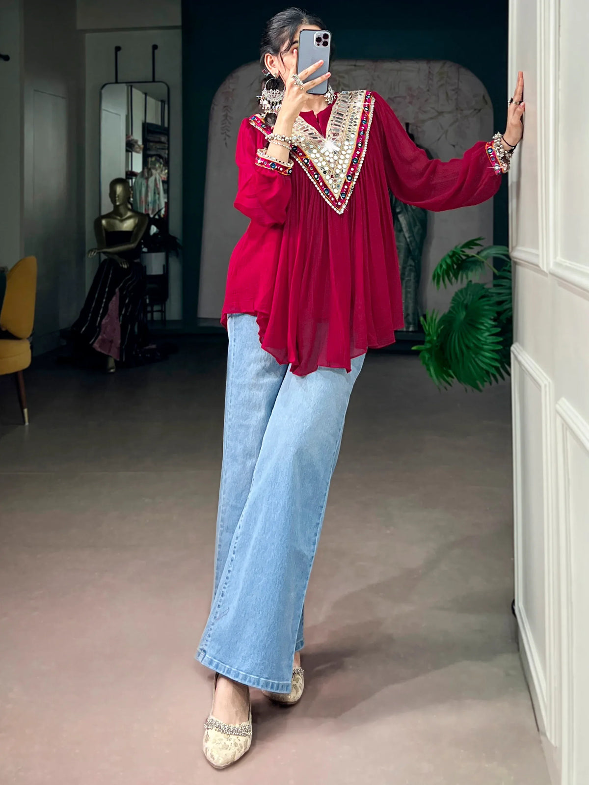 Amazing Rani Pink Mirror Work Chiffon Navratri Wear Top