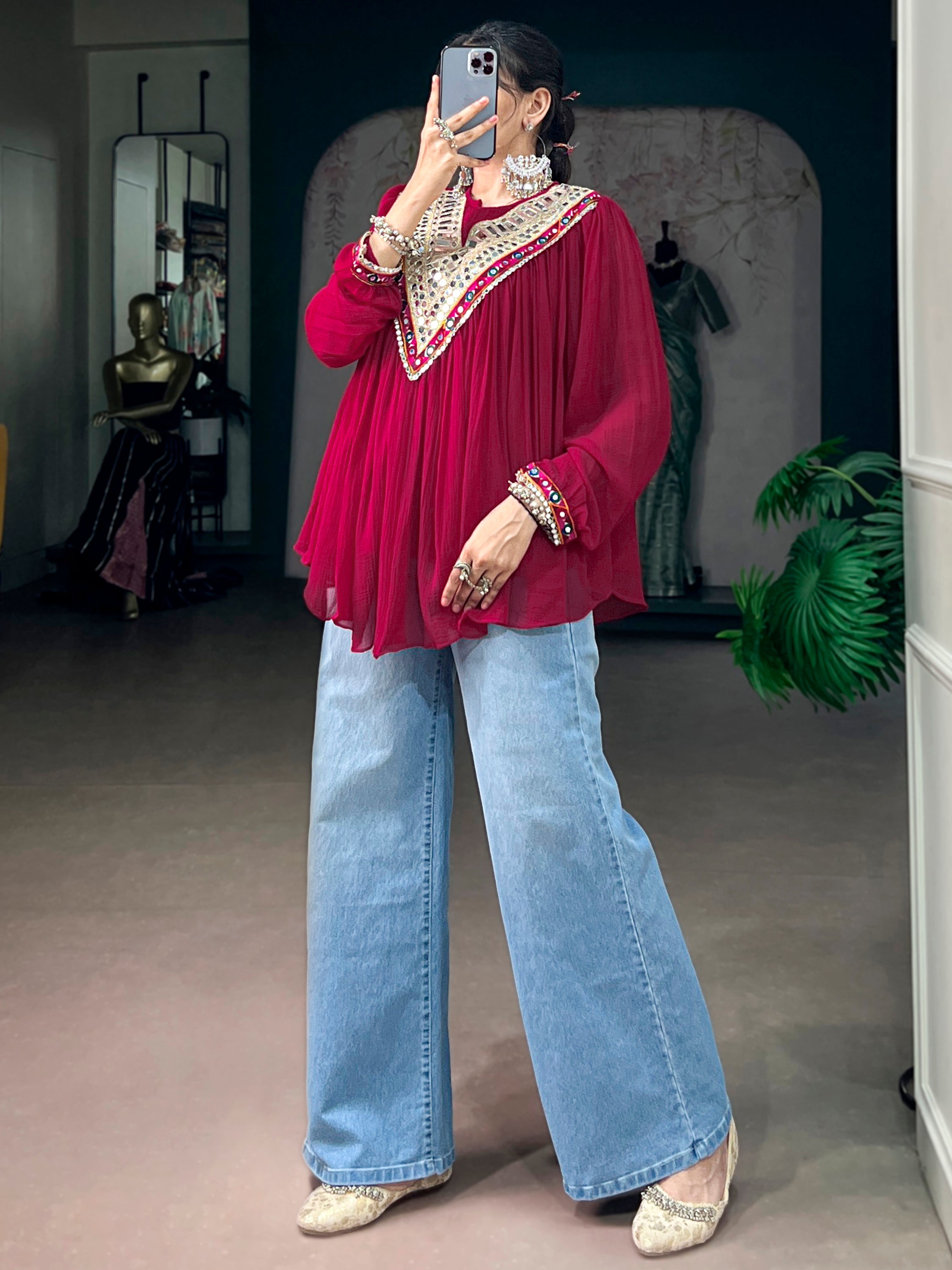 Amazing Rani Pink Mirror Work Chiffon Navratri Wear Top