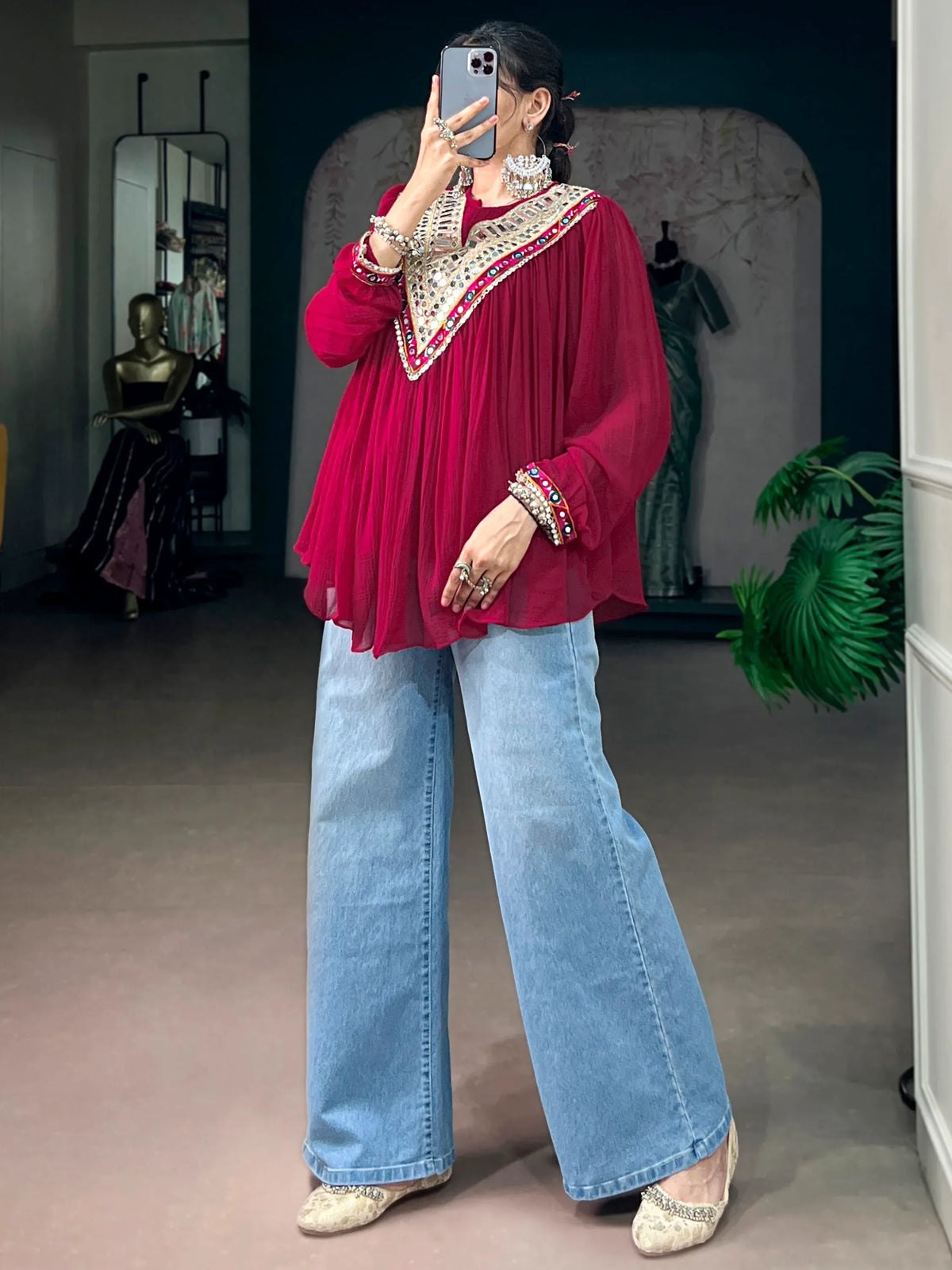 Amazing Rani Pink Mirror Work Chiffon Navratri Wear Top