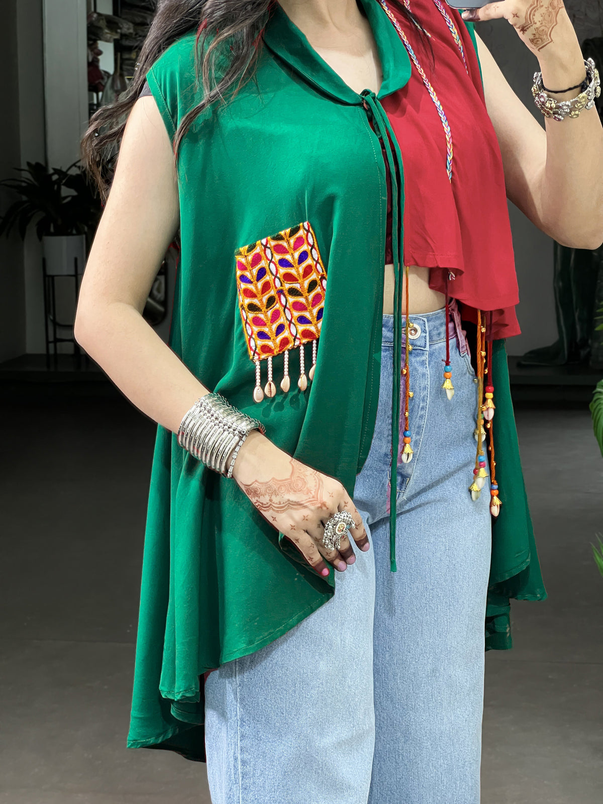 Radiant Green Gamthi Work Rayon Navratri special Top