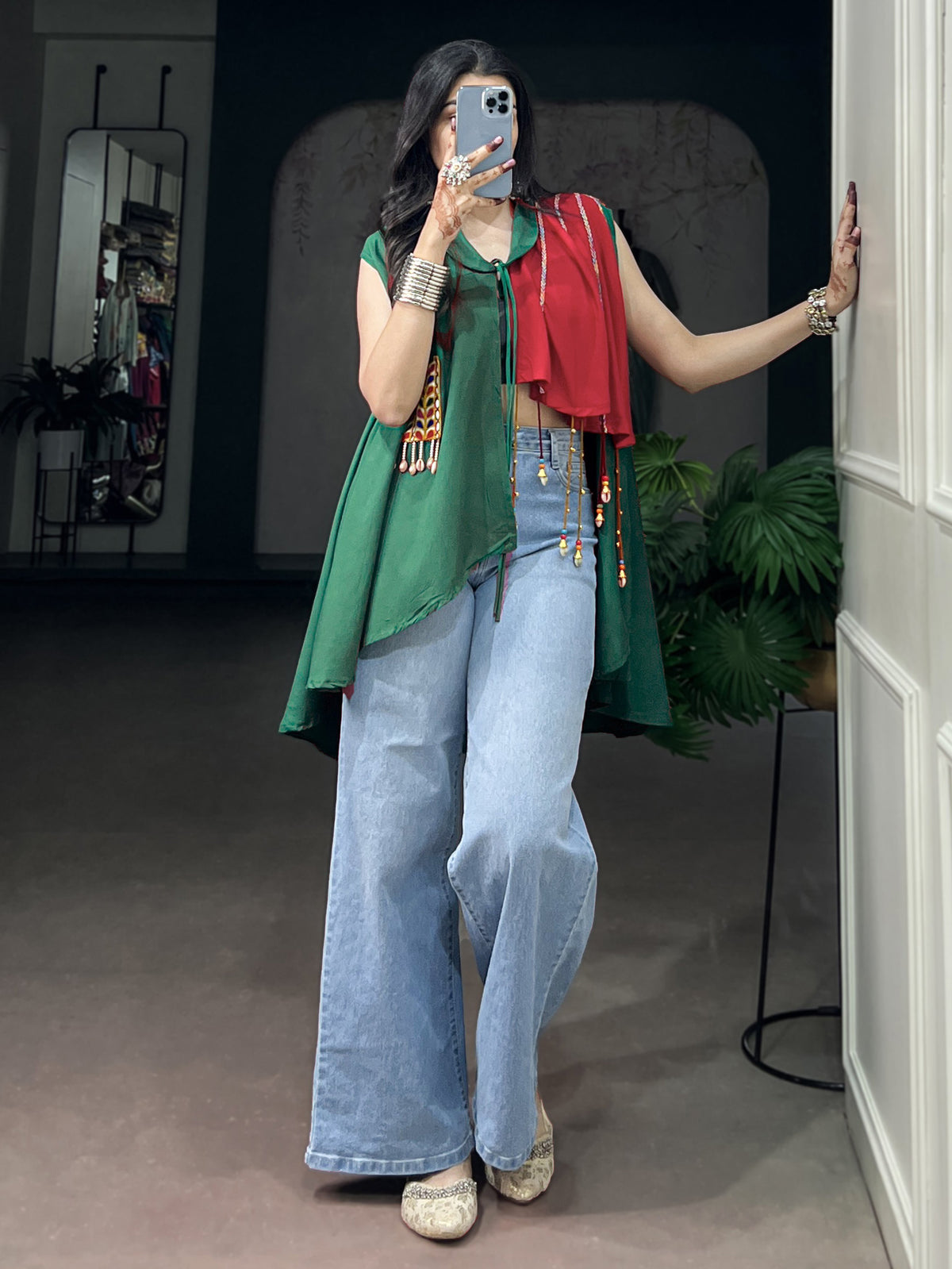 Radiant Green Gamthi Work Rayon Navratri special Top