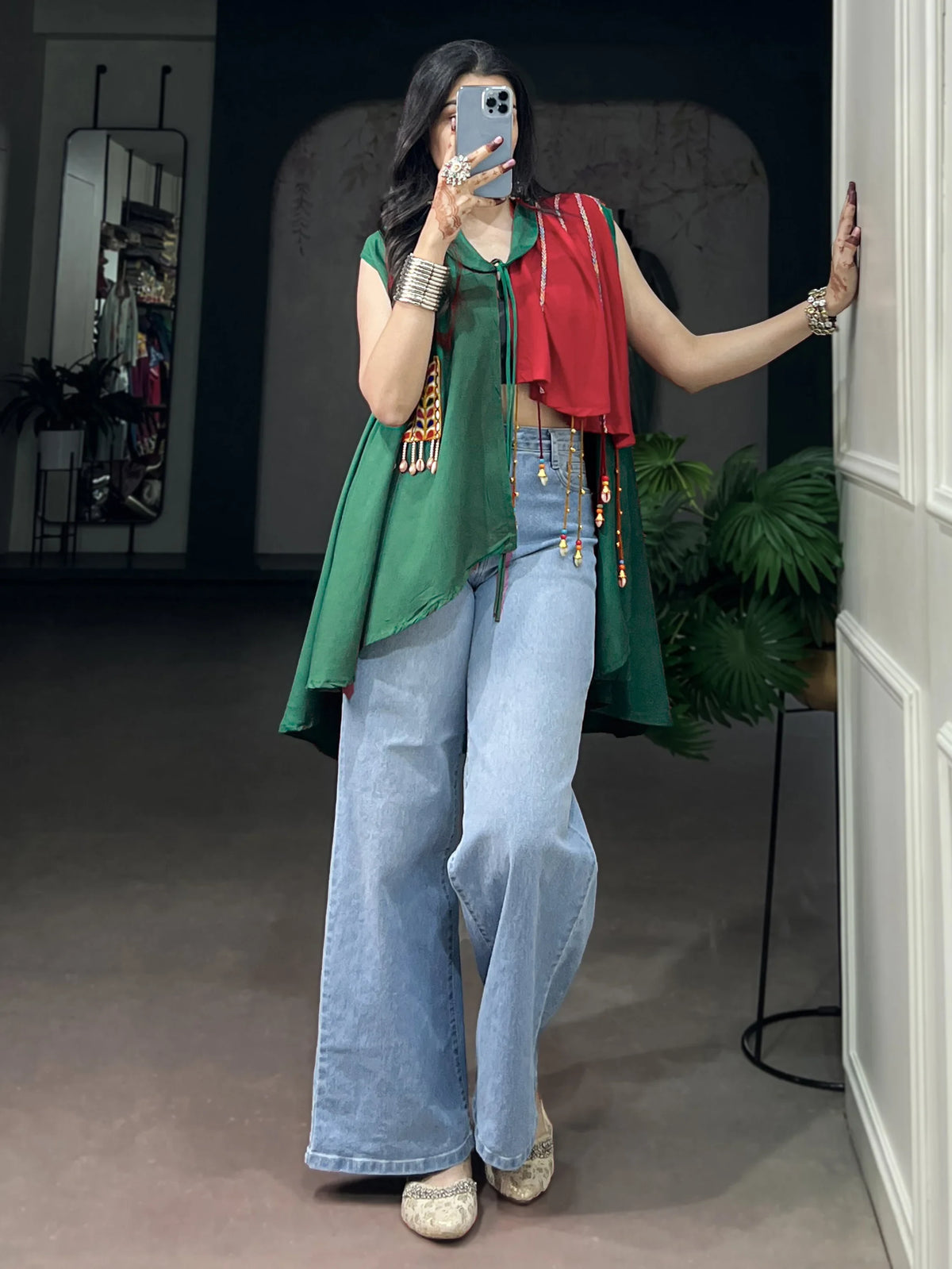 Radiant Green Gamthi Work Rayon Navratri special Top