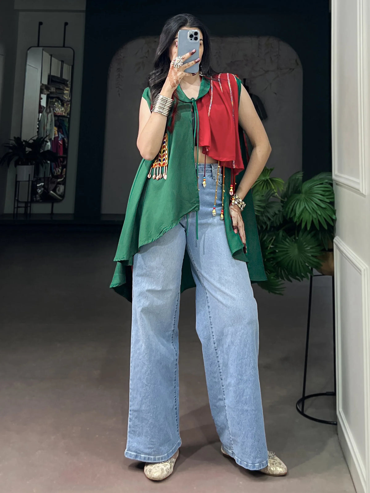 Radiant Green Gamthi Work Rayon Navratri special Top