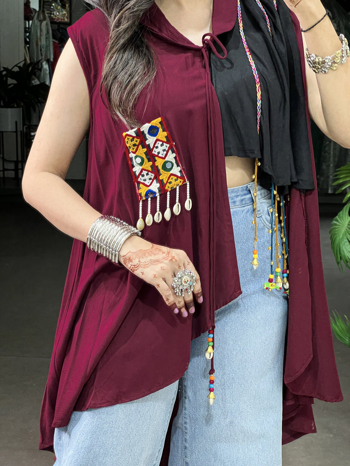 Stylish Maroon Gamthi Work Rayon Navratri Special Top