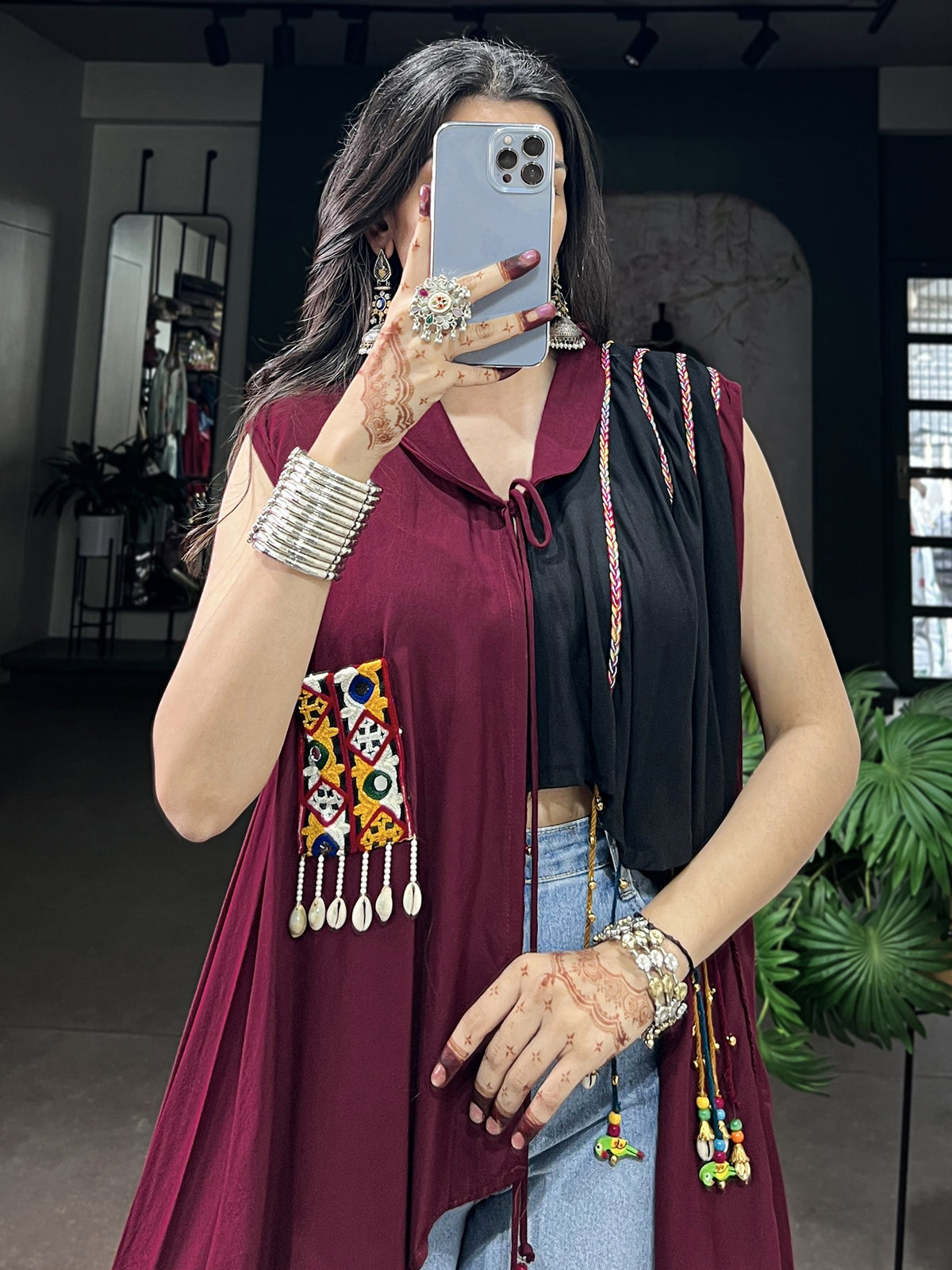 Stylish Maroon Gamthi Work Rayon Navratri Special Top