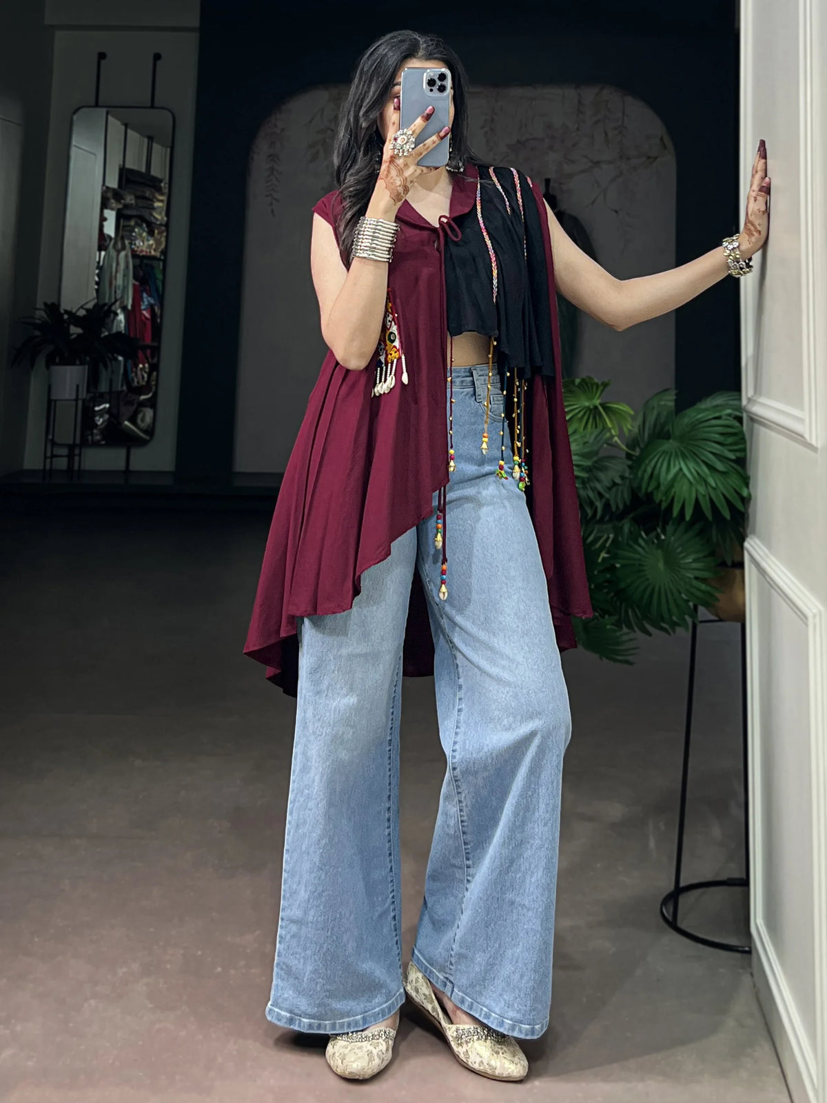 Stylish Maroon Gamthi Work Rayon Navratri Special Top