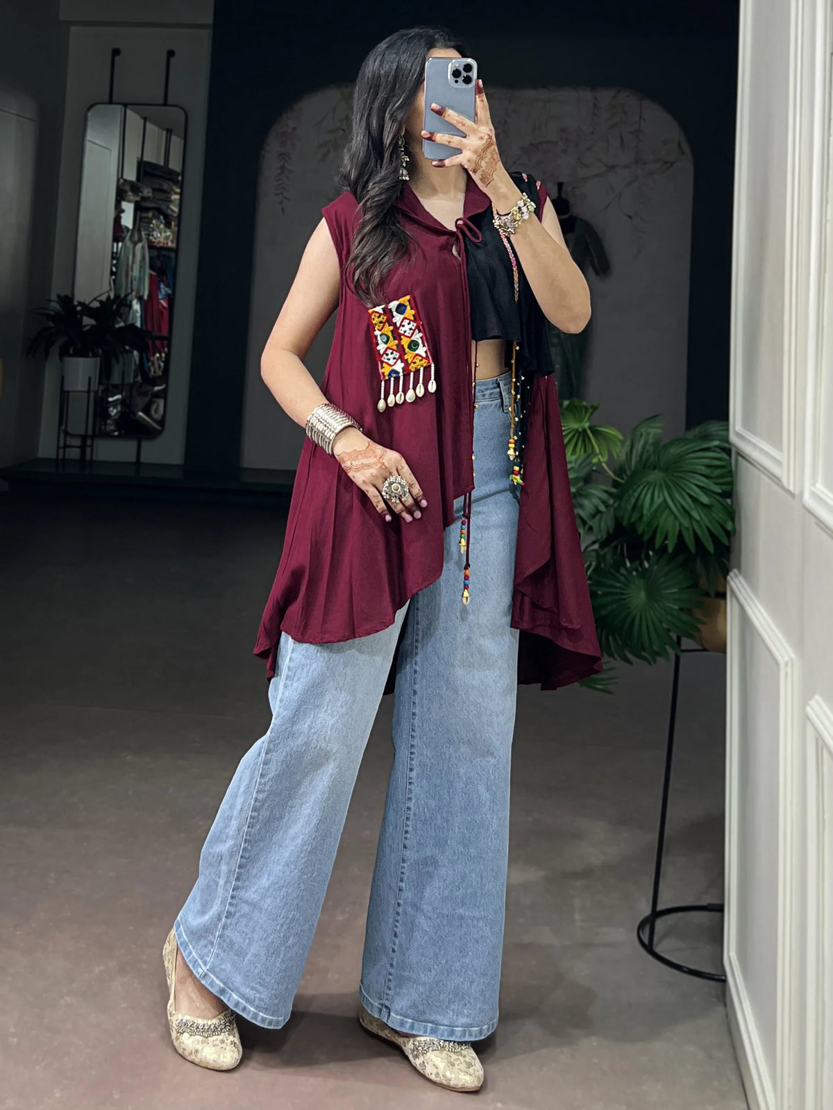 Stylish Maroon Gamthi Work Rayon Navratri Special Top