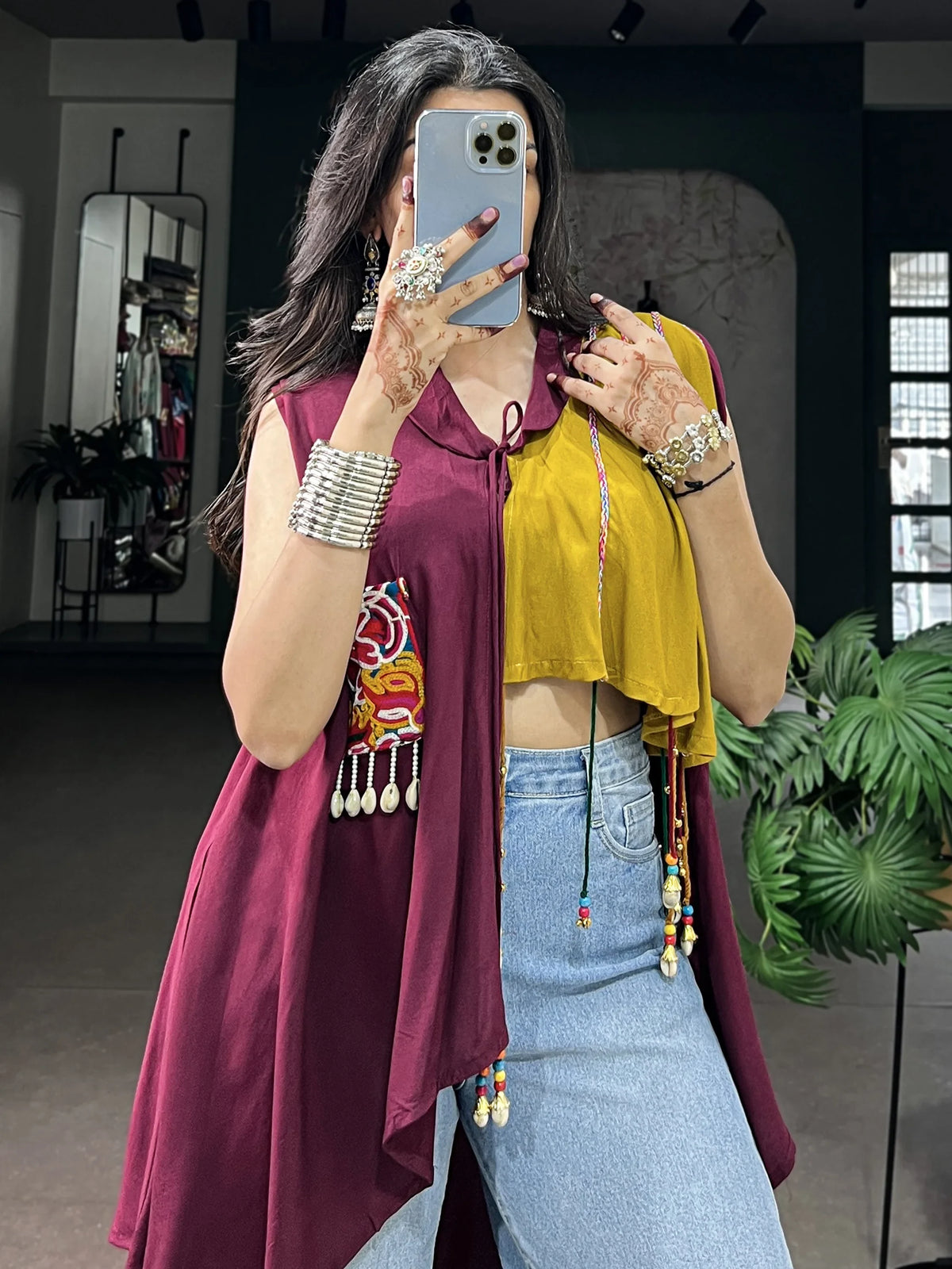 Gorgeous Mustard Yellow Gamthi Work Rayon Navratri Wear Top