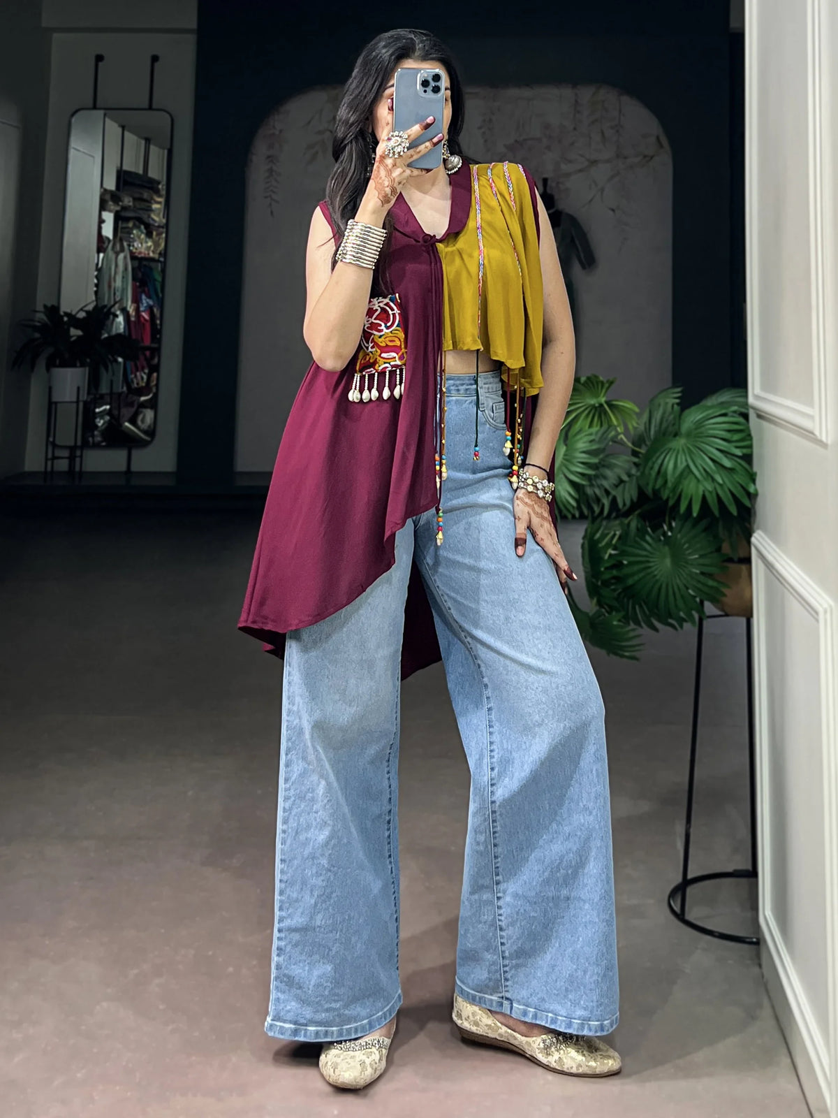 Gorgeous Mustard Yellow Gamthi Work Rayon Navratri Wear Top