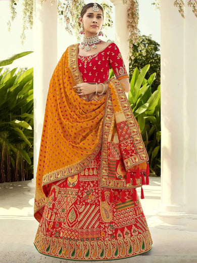 Amazing Red Silk Zari Weaving Bridal Lehenga Choli With Dupatta