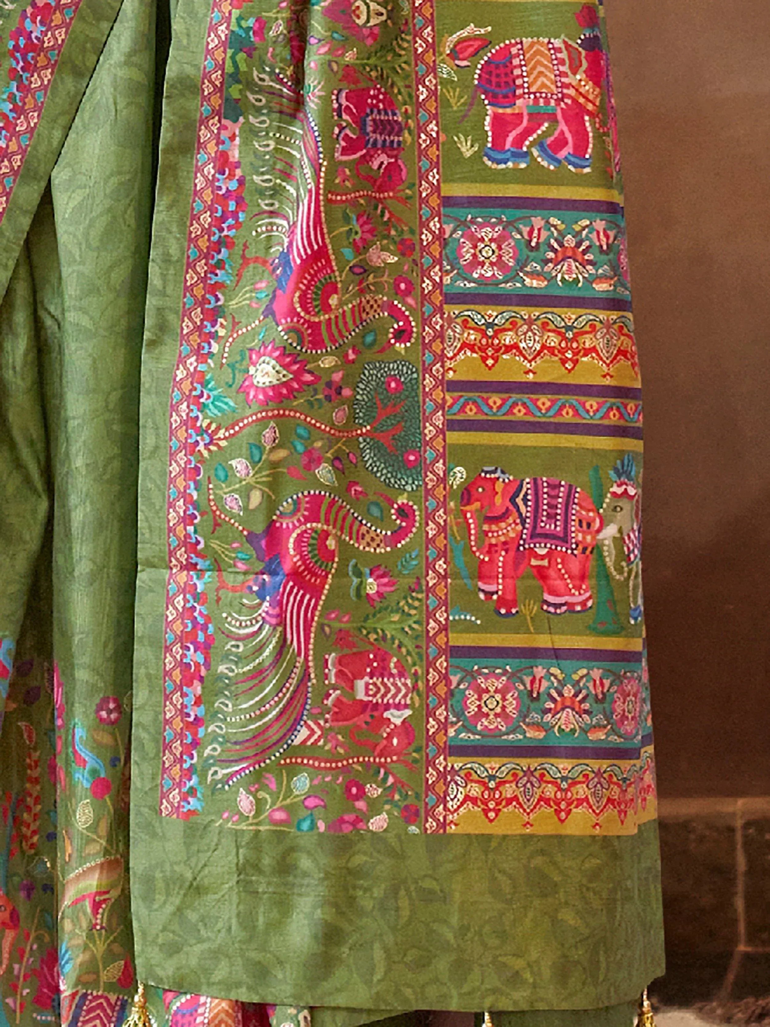 Pretty Green Digital Printed Silk Festive Wear Saree With Blouse
