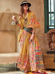Gorgeous Yellow Digital Printed Silk Haldi Wear Saree With Blouse