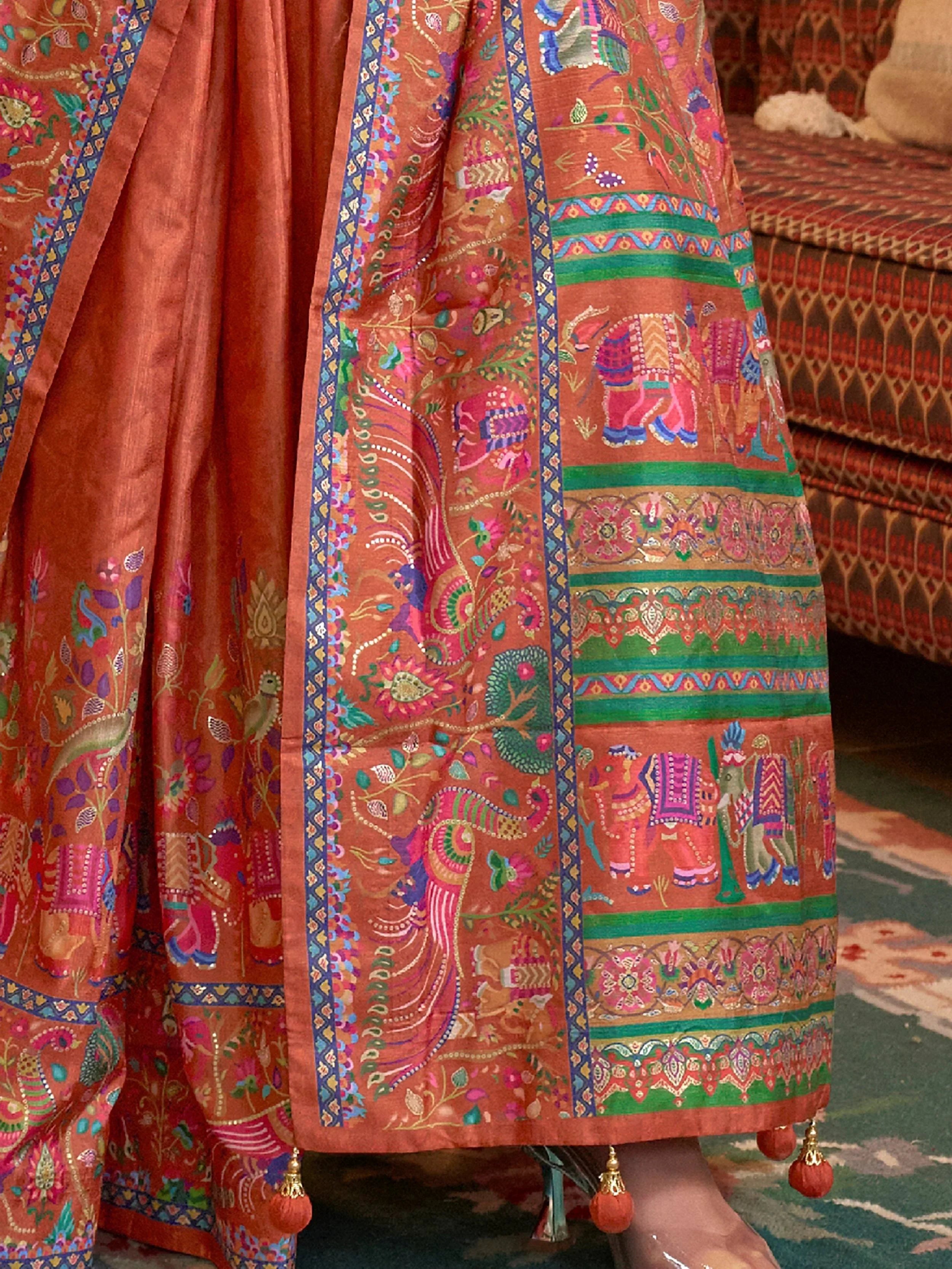 Elegant Orange Digital Printed Silk Festive Wear Saree With Blouse
