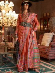 Elegant Orange Digital Printed Silk Festive Wear Saree With Blouse