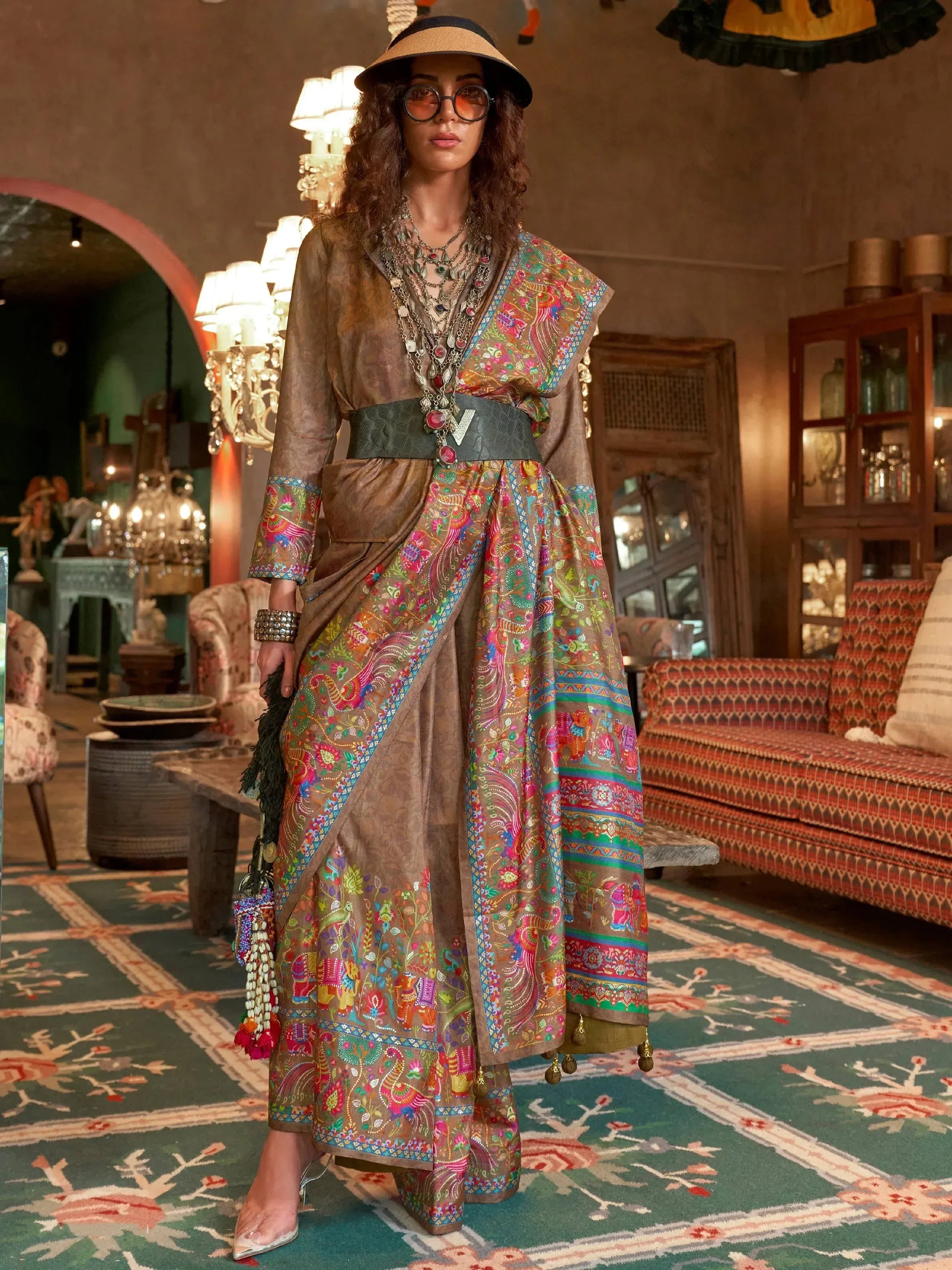 Captivating Brown Digital Printed Silk Wedding Wear Saree With Blouse