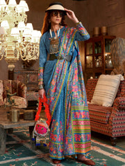 Sparkling Blue Digital Printed Silk Wedding Wear Saree With Blouse