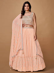 Fascinating Peach Floral Embroidered Chiffon Party Lehenga Choli
