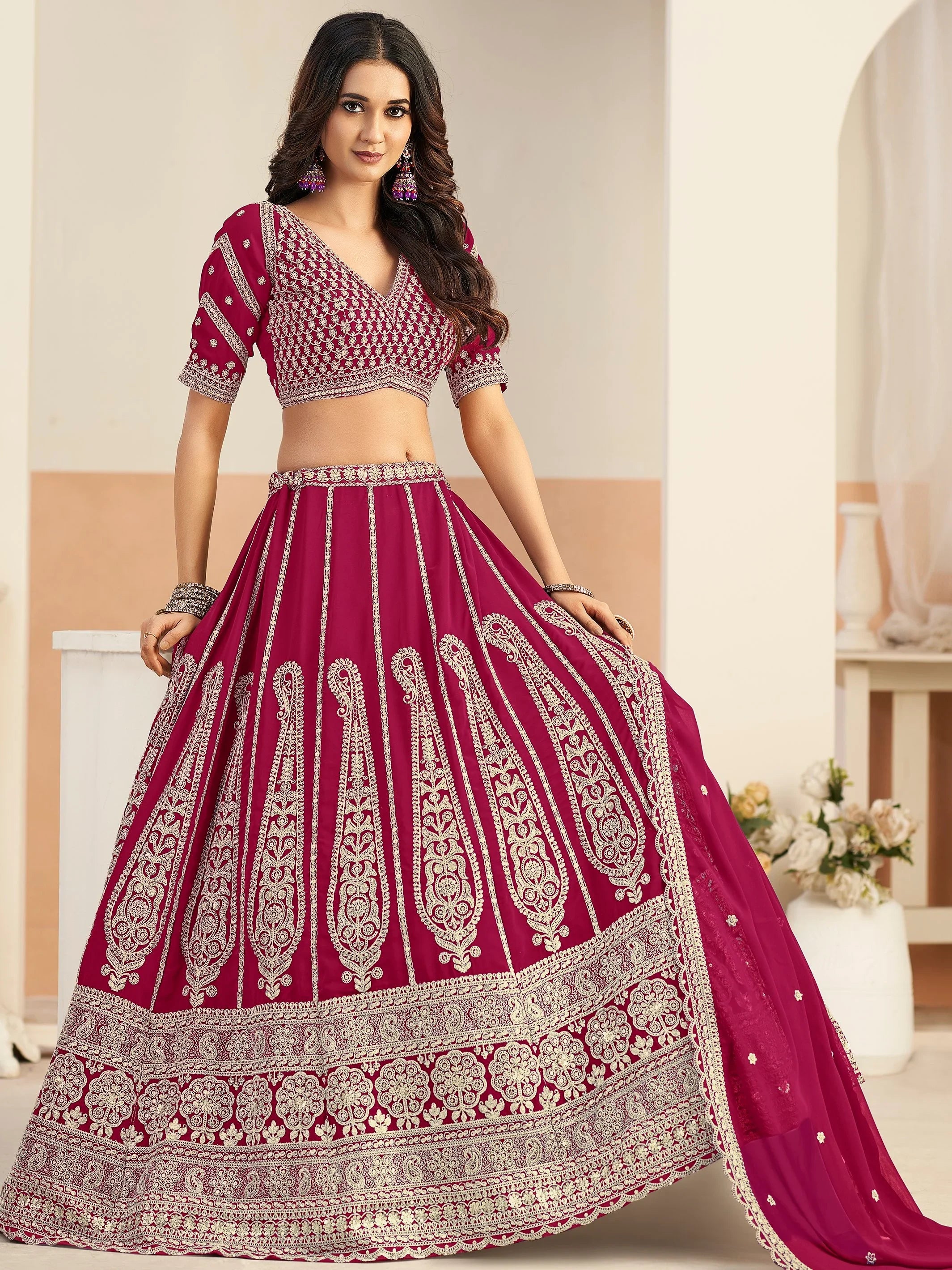 Beautiful Pink Dori Work Georgette Engagement Wear Lehenga With Blouse