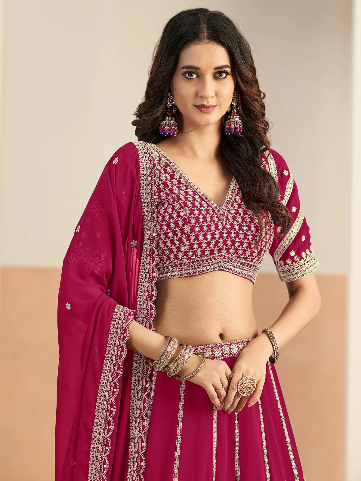 Beautiful Pink Dori Work Georgette Engagement Wear Lehenga With Blouse