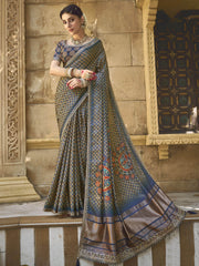 Amazing Blue Color Printed Gaji Silk Wedding Wear Saree With Blouse