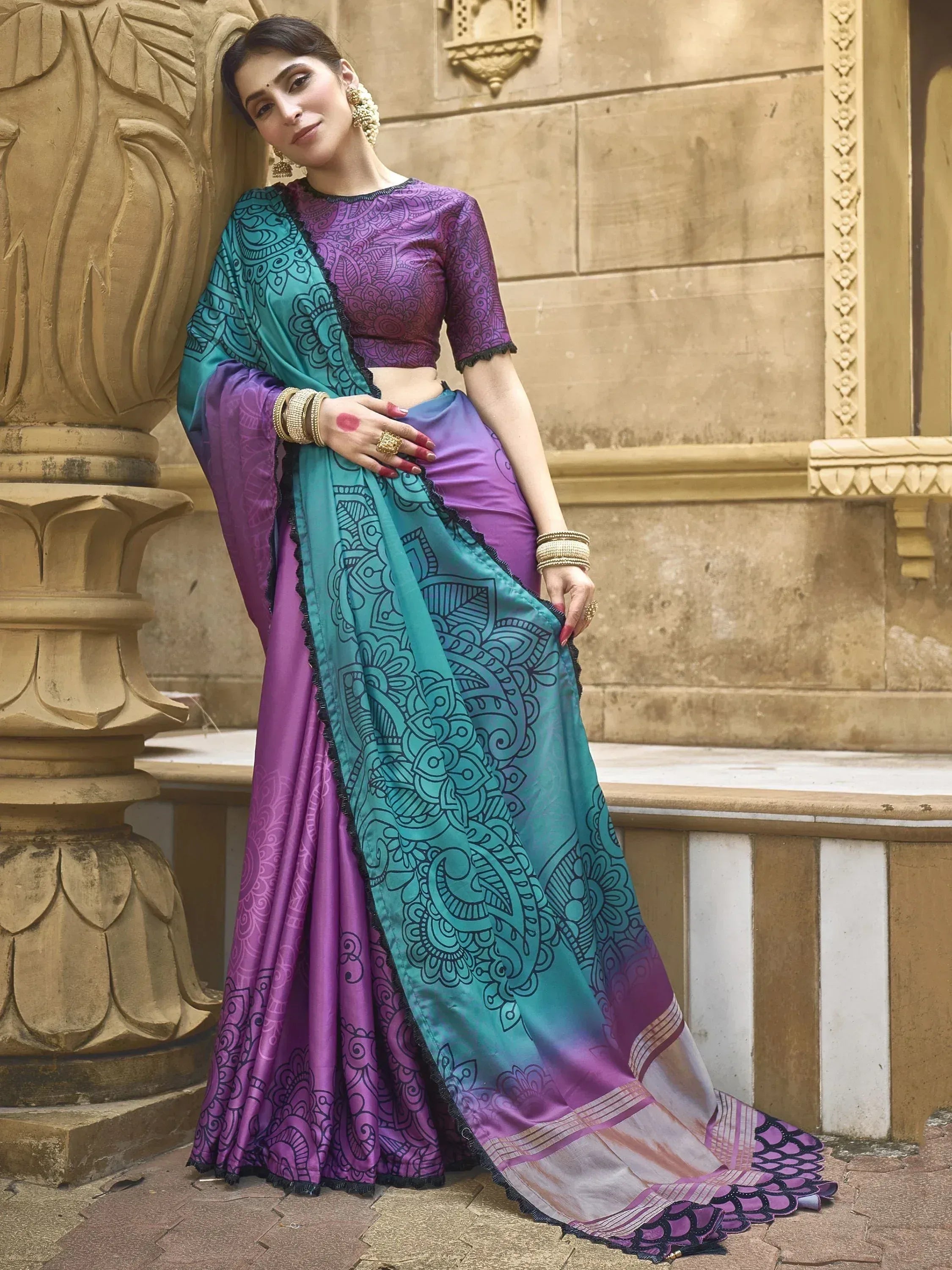 Purple and teal printed saree with matching blouse, ethnic Indian wear for women