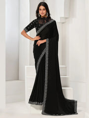 Attractive Black Sequence Satin Silk Wedding Wear Saree With Blouse