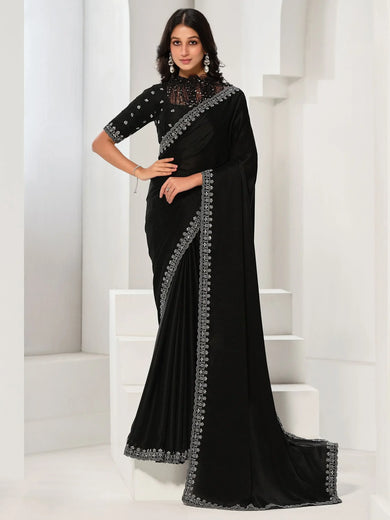 Attractive Black Sequence Satin Silk Wedding Wear Saree With Blouse