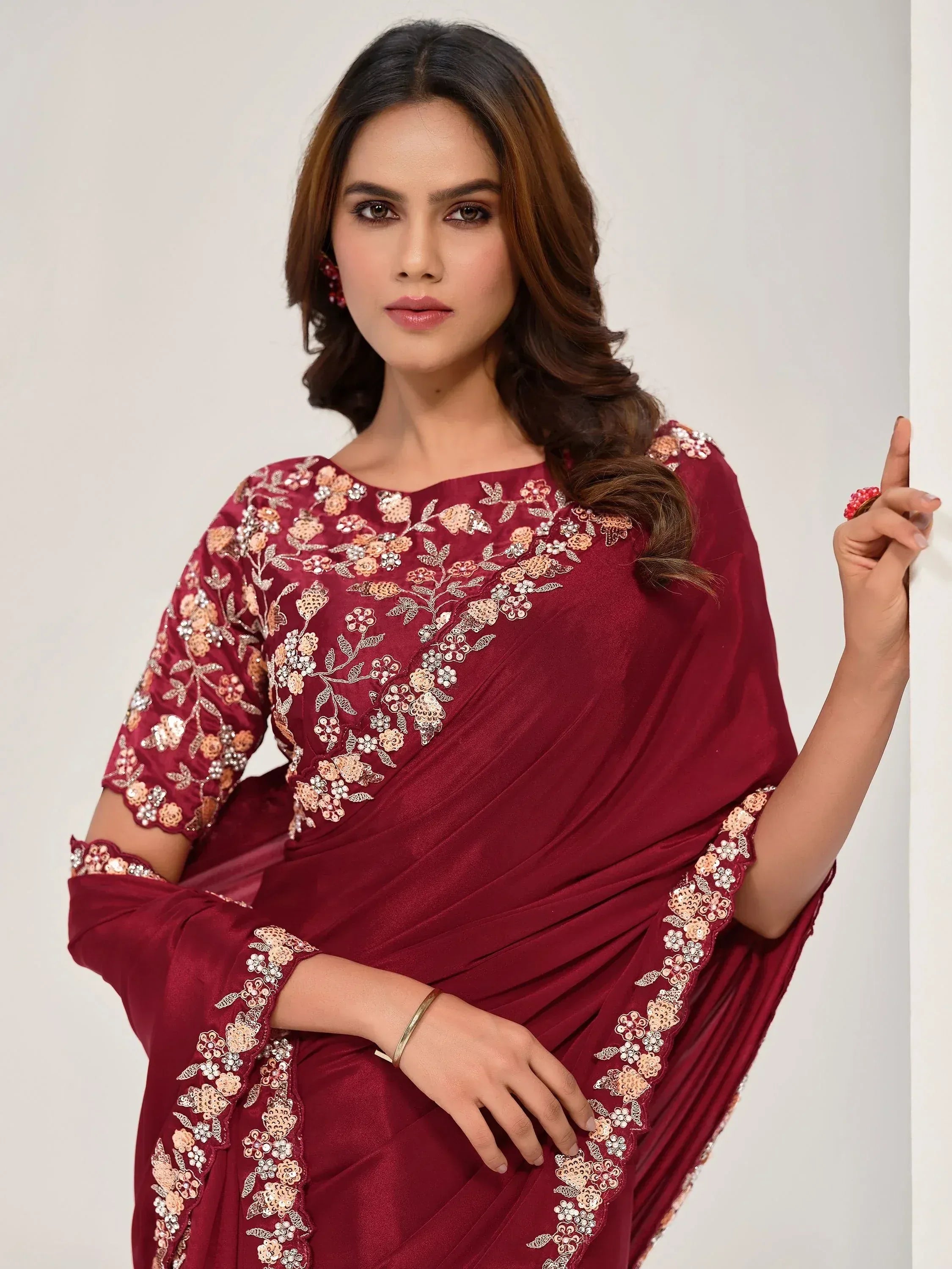 Maroon saree with floral sequin embroidery, Indian ethnic wear for women