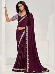 Lovable Wine Moti Satin Silk Event Wear Saree With Blouse