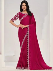 Attractive Rani Pink Sequence Satin Silk Wedding Wear Saree With Blouse